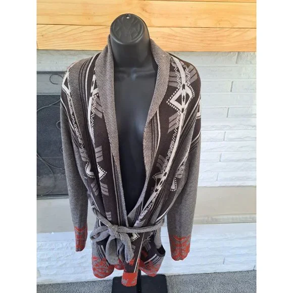 Native-Inspired Knit Cardigan Sweater Wool Blend Tie Patterns M. Rena Womens L - Picture 2 of 8